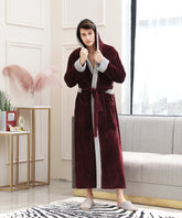 Wine Red Men Fleece Plush Robe Warm Soft Collar Shawl