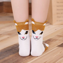 Cat Face Crew Socks for Women - 5 Pairs