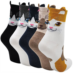 Cat Face Crew Socks for Women - 5 Pairs