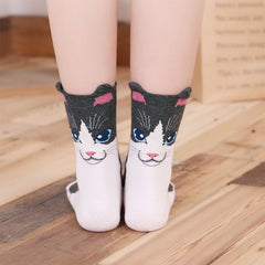 Cat Face Crew Socks for Women - 5 Pairs