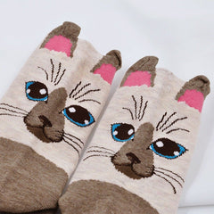 Cat Face Crew Socks for Women - 5 Pairs