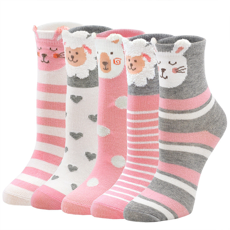 Cute Animal Pink Socks for Girls - 5 Pairs