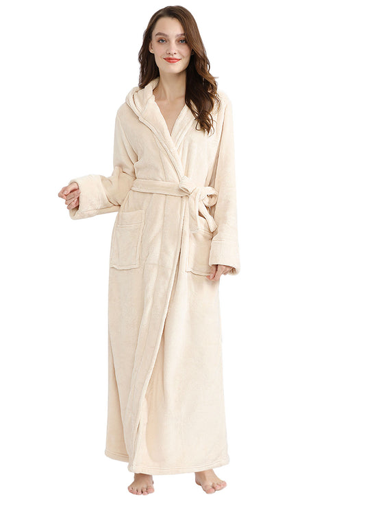 Long Hooded Robe for Women Luxurious Flannel Fleece Full Length Bathrobe Winter Warm Pajamas Shower Nightgown